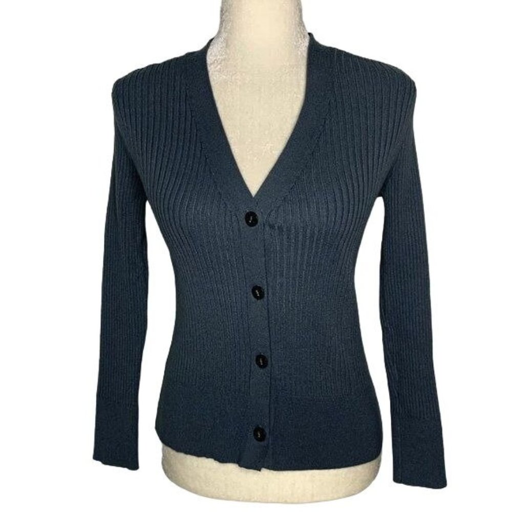 A New Day Button Up Cardigan Sweater M Grey Ribbed Knit V Neck Long Sleeves - Picture 1 of 4
